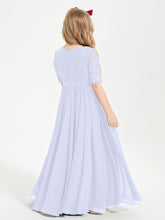 Long Junior Bridesmaid Gown Lace Top Half Sleeves Lavender