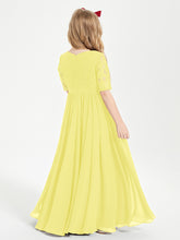 Long Junior Bridesmaid Gown Lace Top Half Sleeves Lemon