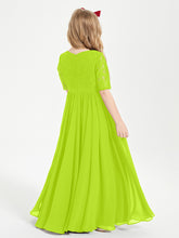 Long Junior Bridesmaid Gown Lace Top Half Sleeves Lime Green