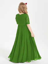 Long Junior Bridesmaid Gown Lace Top Half Sleeves Moss