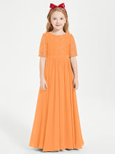 Long Junior Bridesmaid Gown Lace Top Half Sleeves Orange
