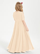 Long Junior Bridesmaid Gown Lace Top Half Sleeves Peach