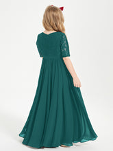 Long Junior Bridesmaid Gown Lace Top Half Sleeves Peacock