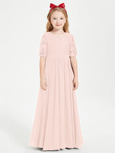 Long Junior Bridesmaid Gown Lace Top Half Sleeves Pearl Pink