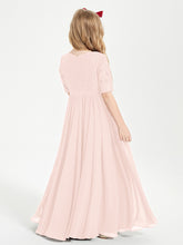 Long Junior Bridesmaid Gown Lace Top Half Sleeves Pearl Pink