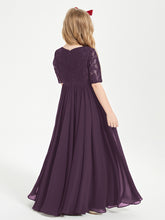 Long Junior Bridesmaid Gown Lace Top Half Sleeves Plum