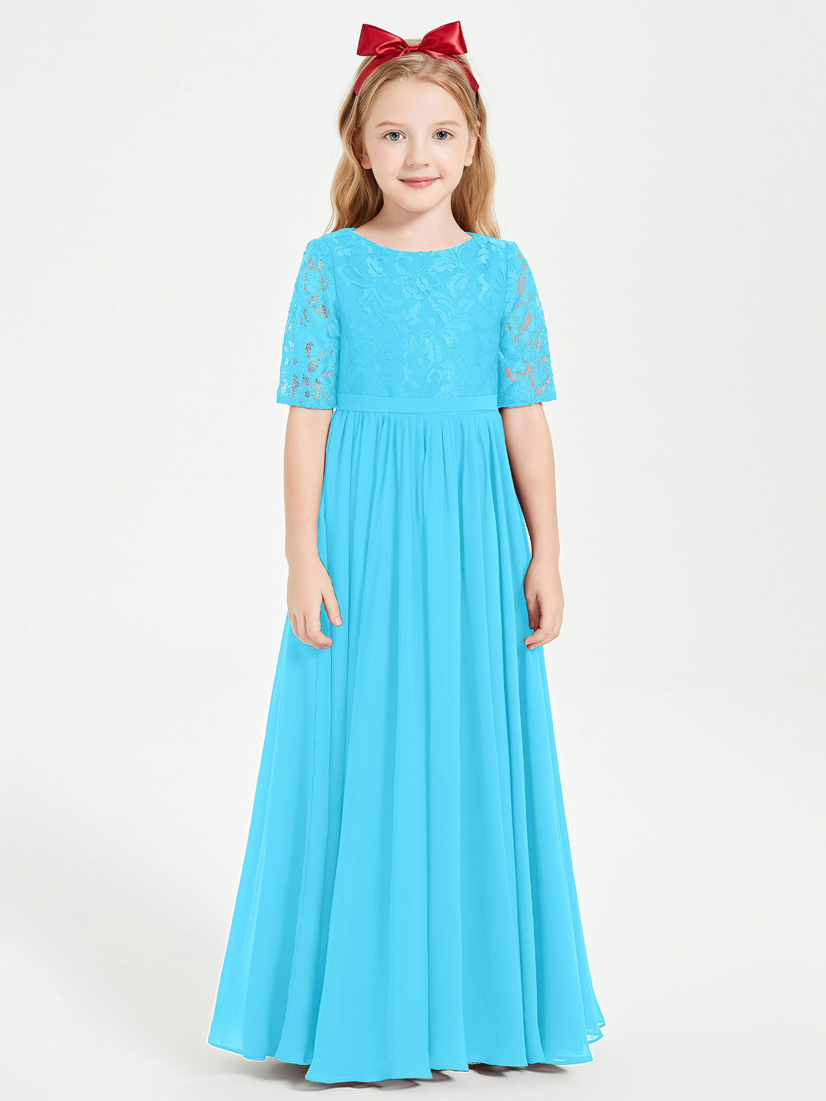Halter Neck Lace Top Sleeveless Junior Bridesmaid Gown Ocean Blue