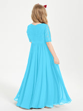 Long Junior Bridesmaid Gown Lace Top Half Sleeves Pool