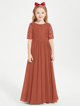 Long Junior Bridesmaid Gown Lace Top Half Sleeves Rust