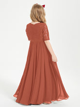 Long Junior Bridesmaid Gown Lace Top Half Sleeves Rust