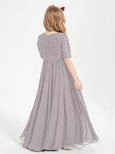 Long Junior Bridesmaid Gown Lace Top Half Sleeves Silver
