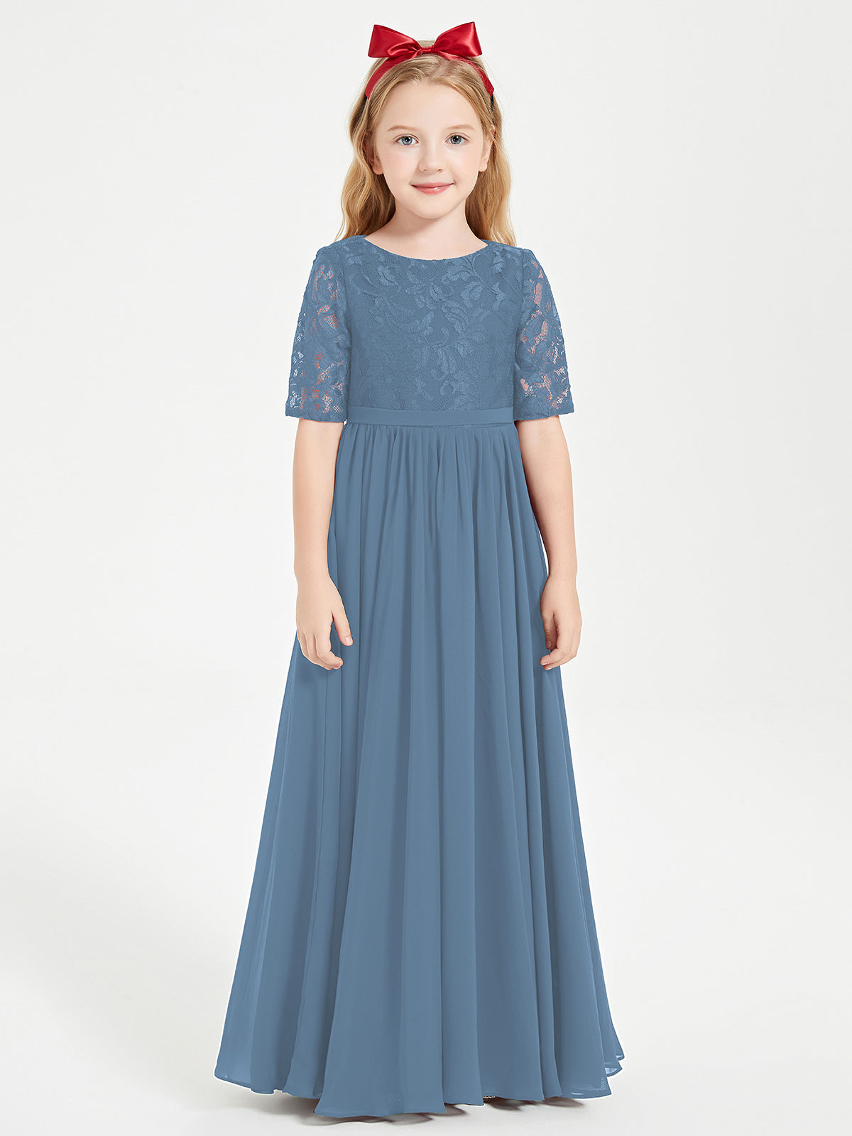 Lace Top Pleated Long Sleeveless Junior Bridesmaid Gown Taupe