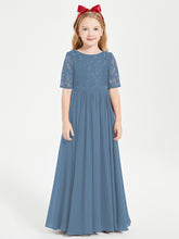 Long Junior Bridesmaid Gown Lace Top Half Sleeves Slate Blue