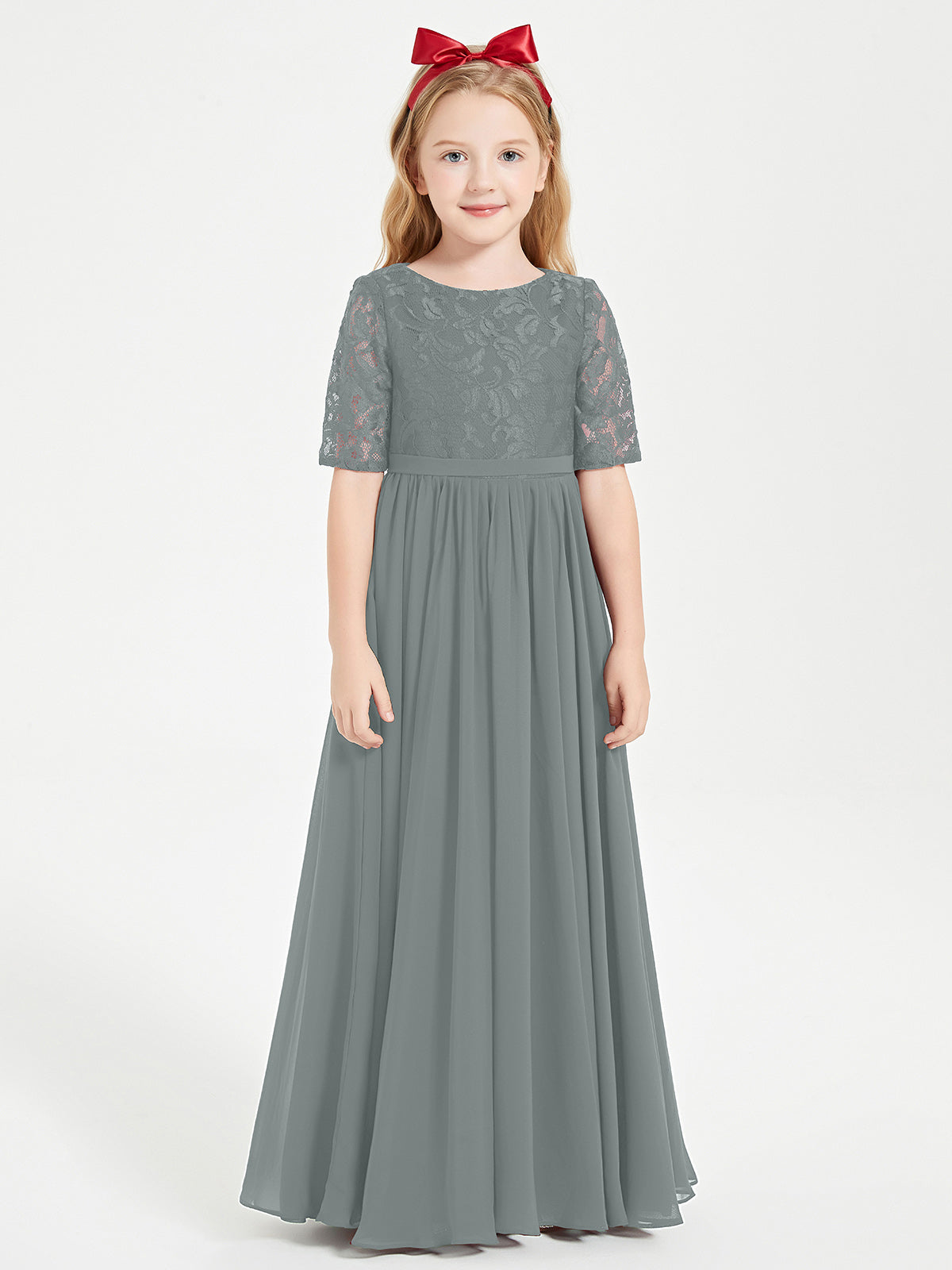 Halter Neck Lace Top Sleeveless Junior Bridesmaid Gown Tangerine
