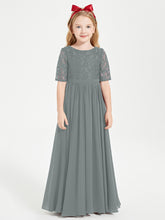Long Junior Bridesmaid Gown Lace Top Half Sleeves Steel Grey