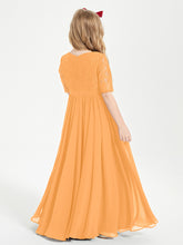 Long Junior Bridesmaid Gown Lace Top Half Sleeves Tangerine