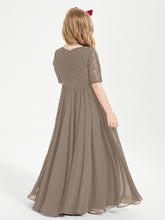 Long Junior Bridesmaid Gown Lace Top Half Sleeves Taupe