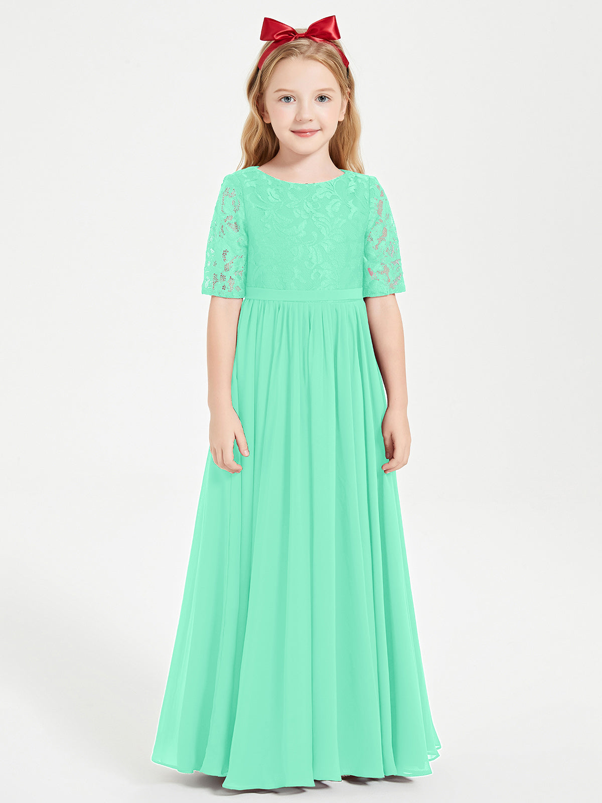 Lace Top Pleated Long Sleeveless Junior Bridesmaid Gown Papaya