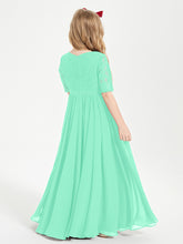 Long Junior Bridesmaid Gown Lace Top Half Sleeves Turquoise