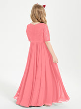 Long Junior Bridesmaid Gown Lace Top Half Sleeves Watermelon