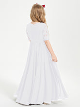 Long Junior Bridesmaid Gown Lace Top Half Sleeves White