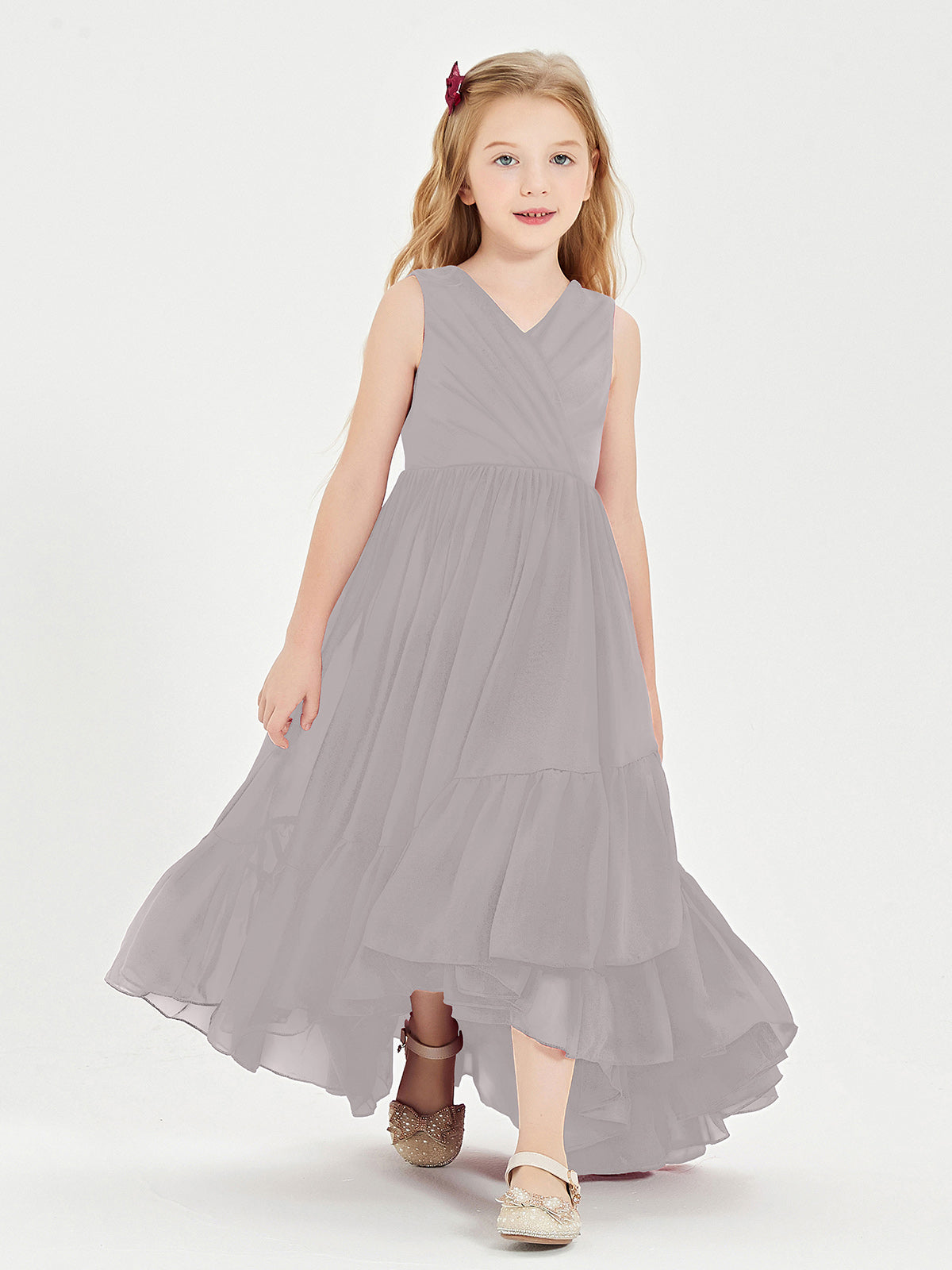 BABARONI Boho Junior Bridesmaid Dresses Cascading Skirt Silver, Silver / J4