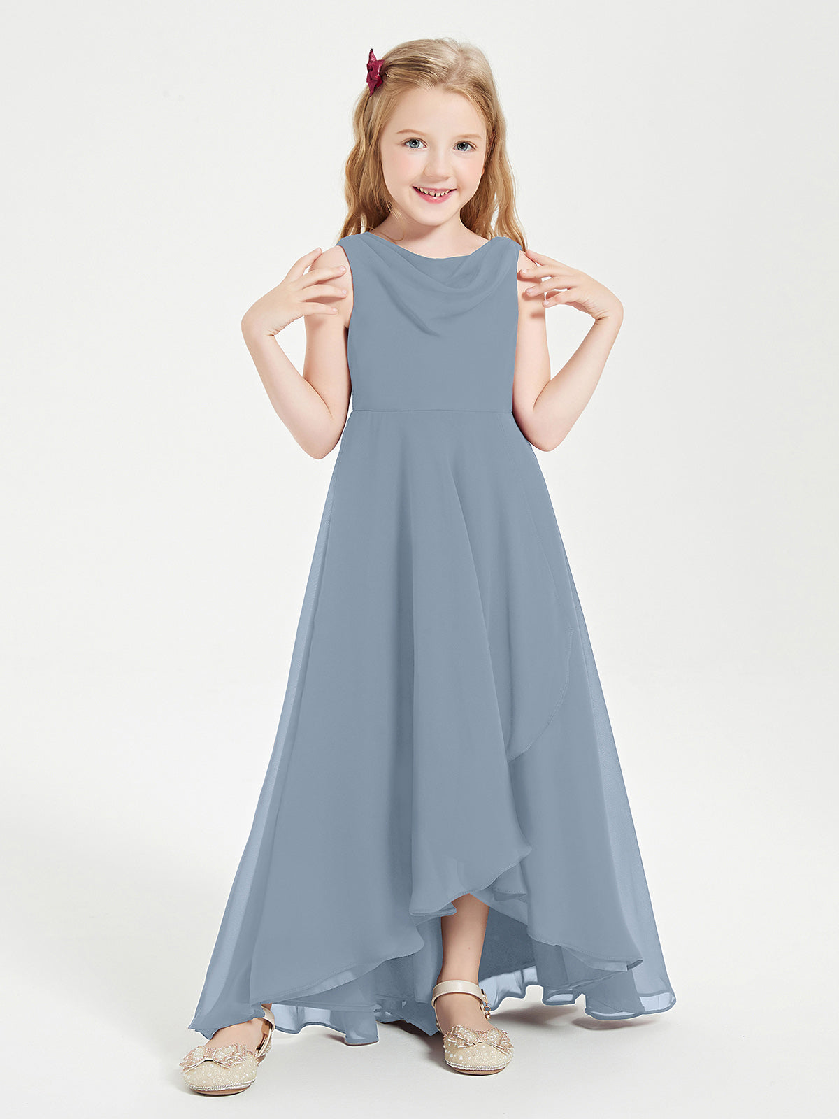 BABARONI Modern Asymmetrical Junior Bridesmaid Dresses Cowl Neck Dusty Blue, Dusty Blue / J4 BABARONI Modern Asymmetrical Junior Bridesmaid Dresses Cowl Neck Dusty Blue, Dusty Blue / J4