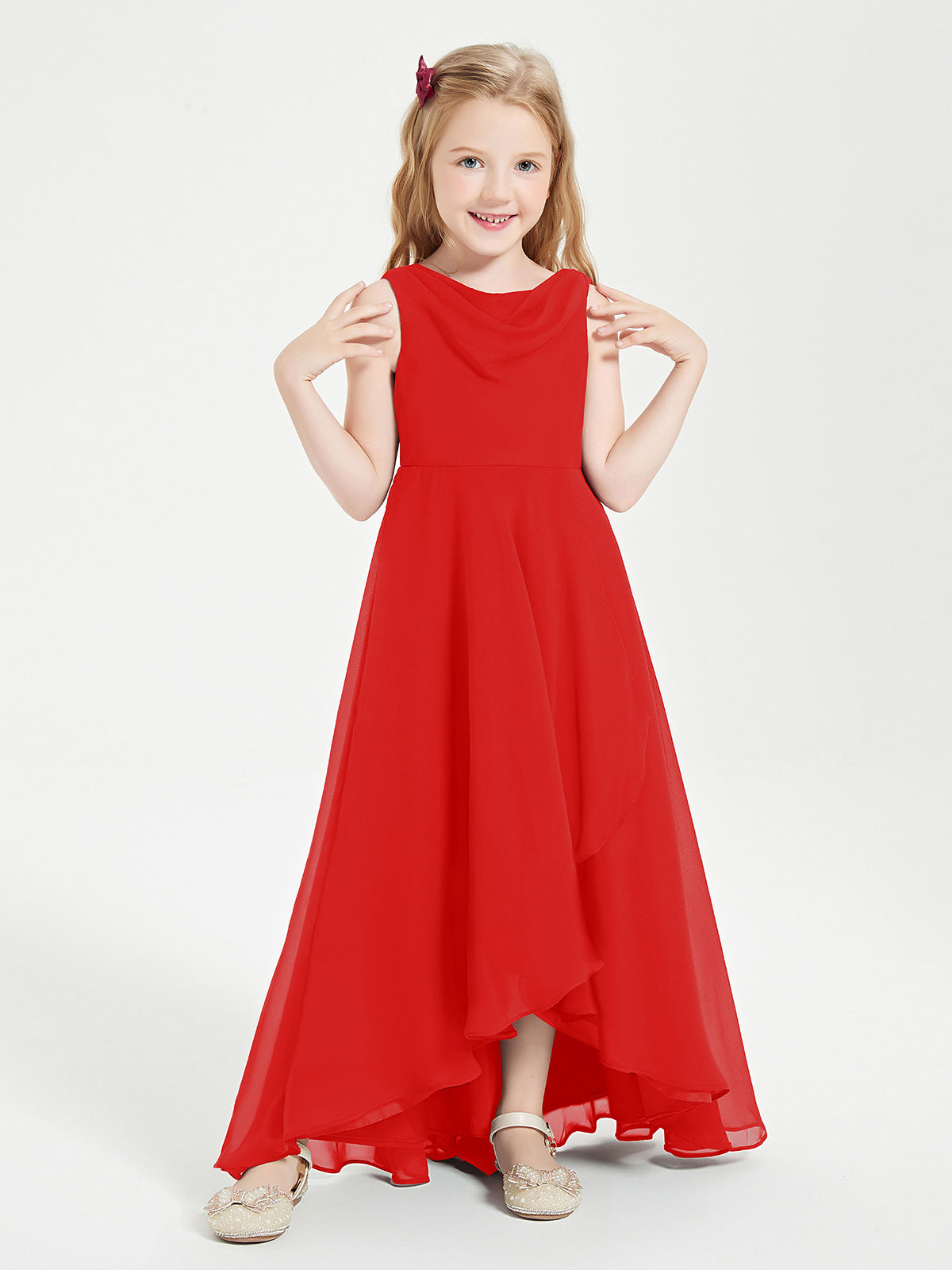 BABARONI Modern Asymmetrical Junior Bridesmaid Dresses Cowl Neck Red, Red / J4