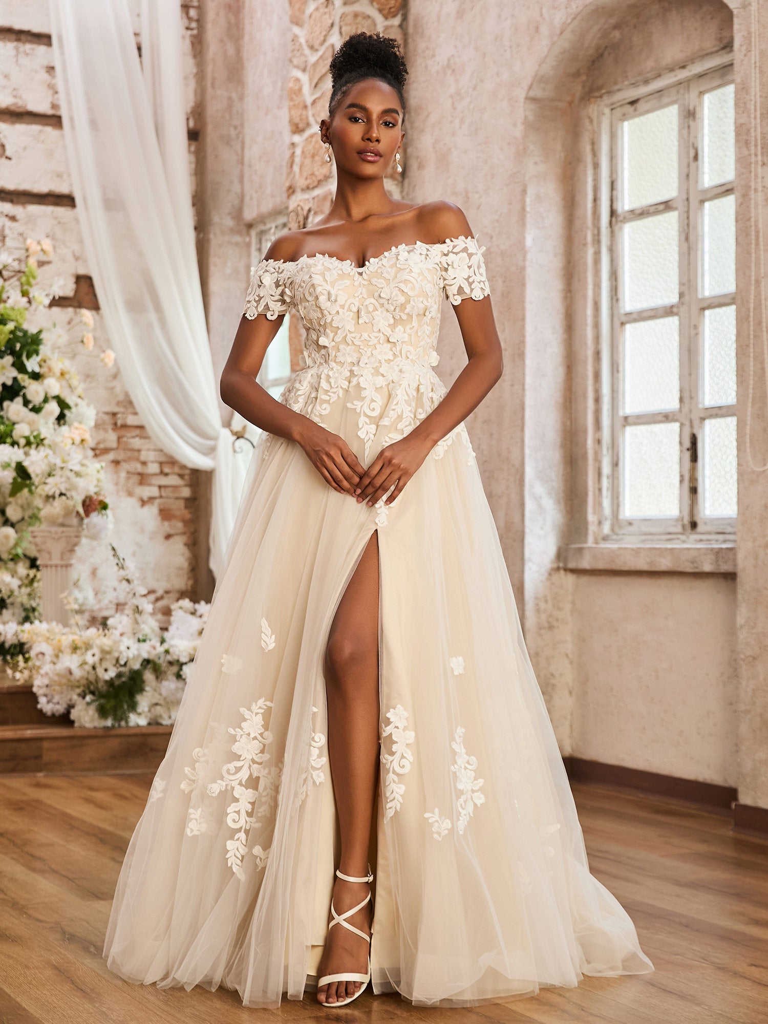 a line champagne wedding dress BABARONI Tulle Lace Ivory/Champagne Dresses A-line Off Shoulder Short Sleeve With Slit Sweep Train, Ivory/Champagne / US0 SCHL002837_R_XXL Stewart Blue Dress Muted Sizes:Large offers an ethereal and Lace