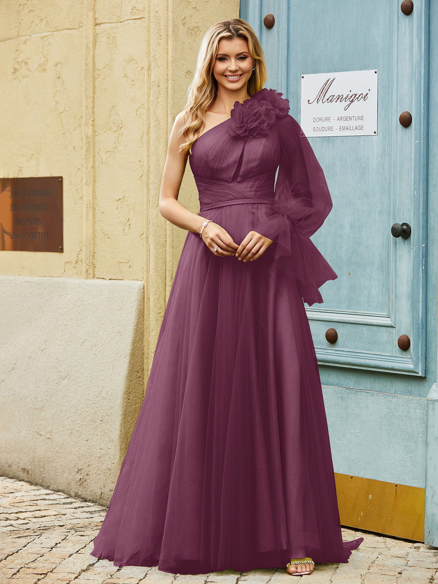 BABARONI BABARONI Tulle Mulberry Prom Dresses A-line One Shoulder Long Sleeve Pleated Ruched Floral Ribbons, Mulberry / US0 BABARONI BABARONI Tulle Mulberry Prom Dresses A-line One Shoulder Long Sleeve Pleated Ruched Floral Ribbons, Mulberry / US0
