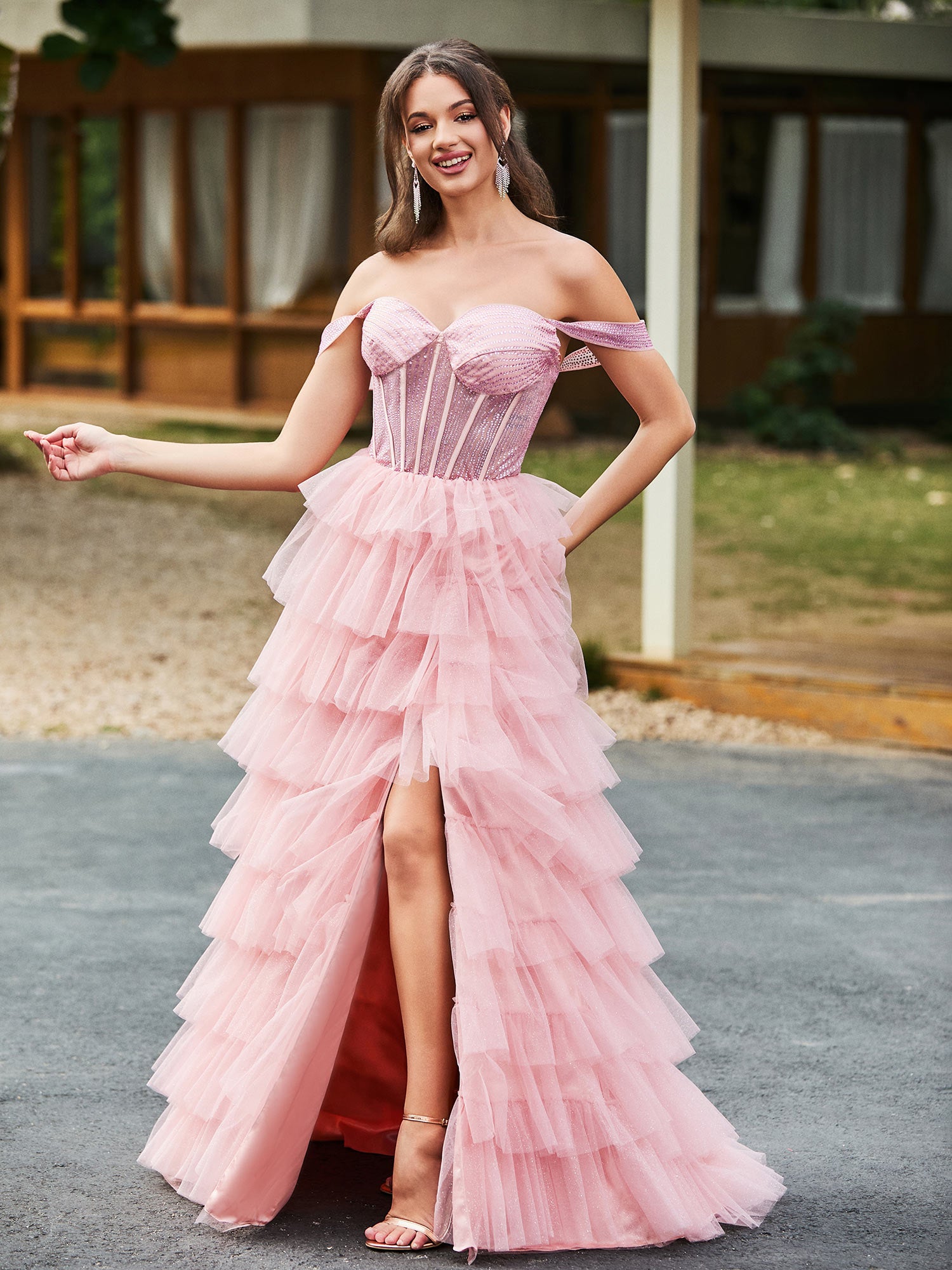 dusty rose pink prom dress Knee-Length Strapless Party Dress with Feathers– PromGirl
