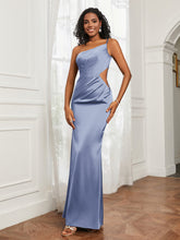 One Shoulder Pleated Floor-Length Dress Dusty Blue