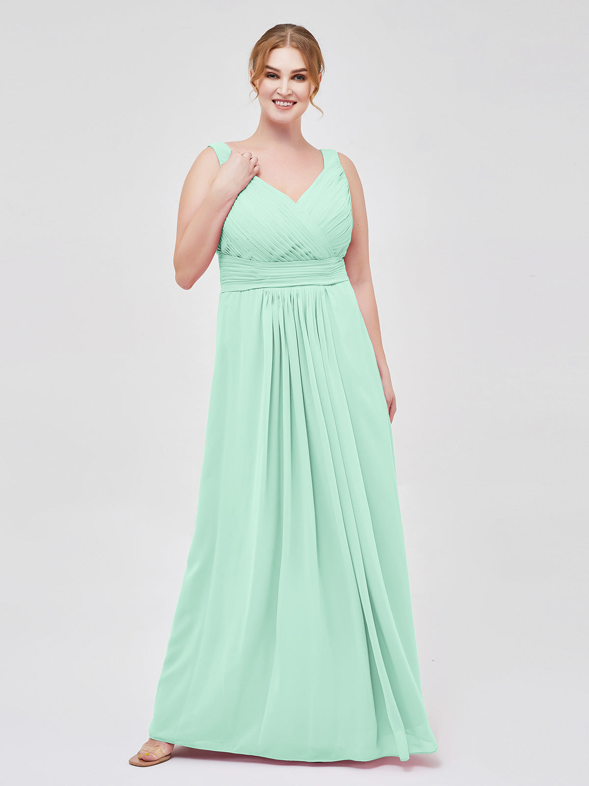 BABARONI Plus Size 2025 V-neck Full Length Chiffon Dress with Pleated Bodice-Mint Green BABARONI Plus Size 2025 V-neck Full Length Chiffon Dress with Pleated Bodice-Mint Green