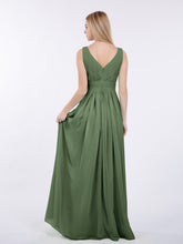 V-neck Full Length Chiffon Dress with Pleated Bodice Olive Green