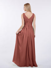 V-neck Full Length Chiffon Dress with Pleated Bodice Terracotta