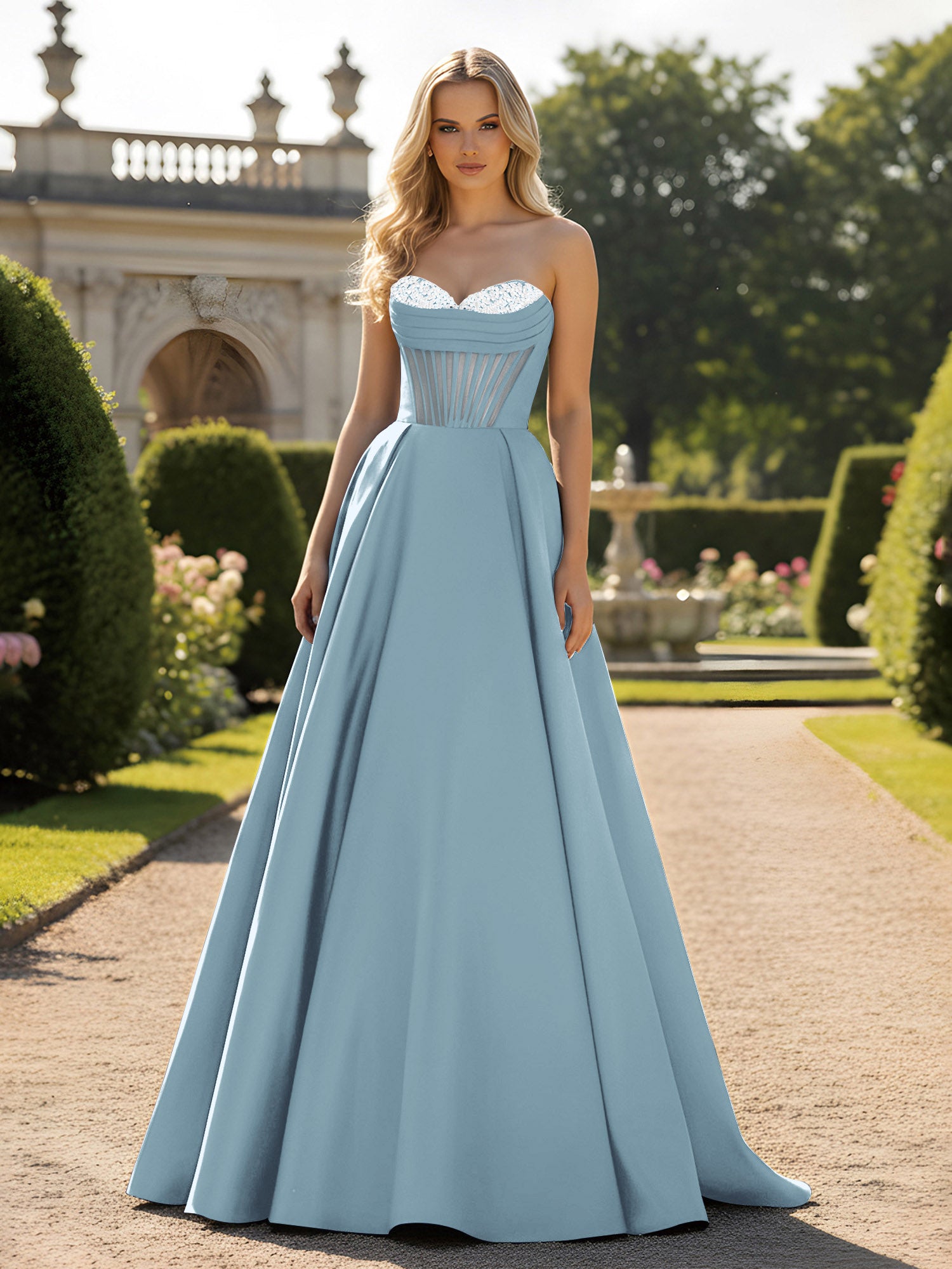 BABARONI Satin Dusty Blue Prom Dresses A-line Strapless Sleeveless