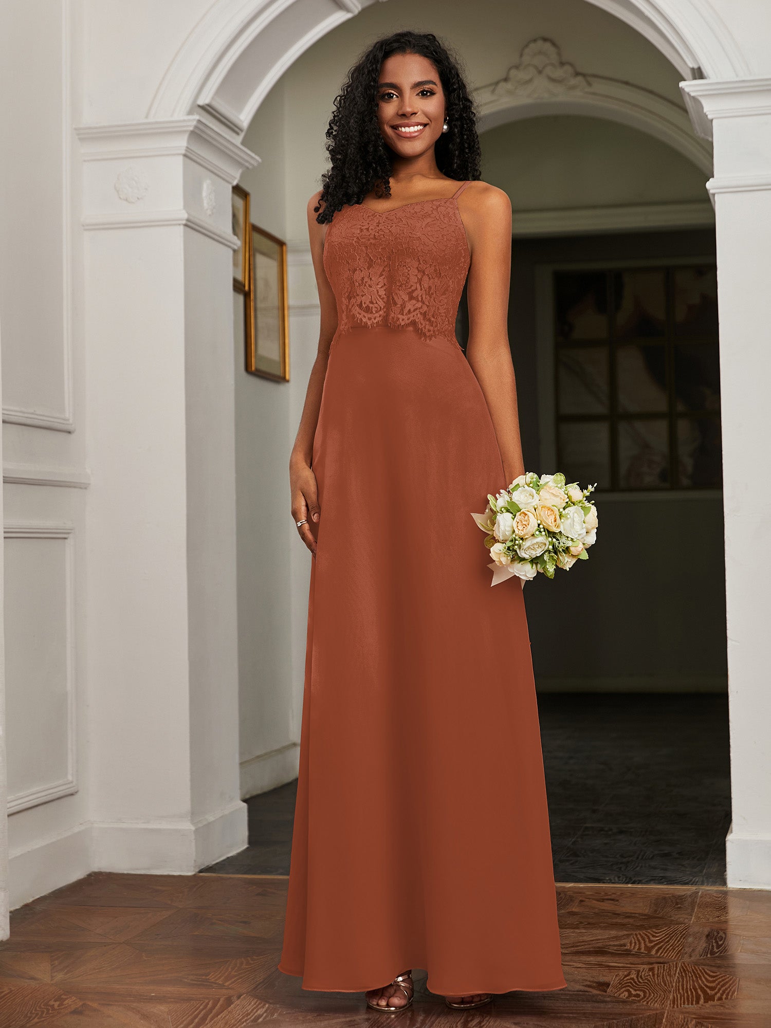 Spaghetti Strap CHIffon Long Dresses Rust Plus Size