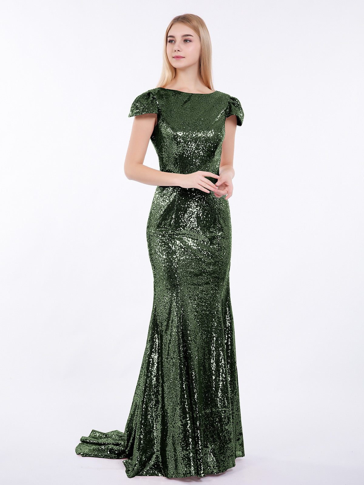 BABARONI Sequins Mermaid Dress with Cap Sleeves Olive Green Plus size, Olive Green / US18