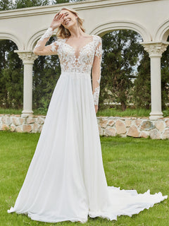 Plunging V-neck Chapel Train Bridal Gown With Buttons-Ivory