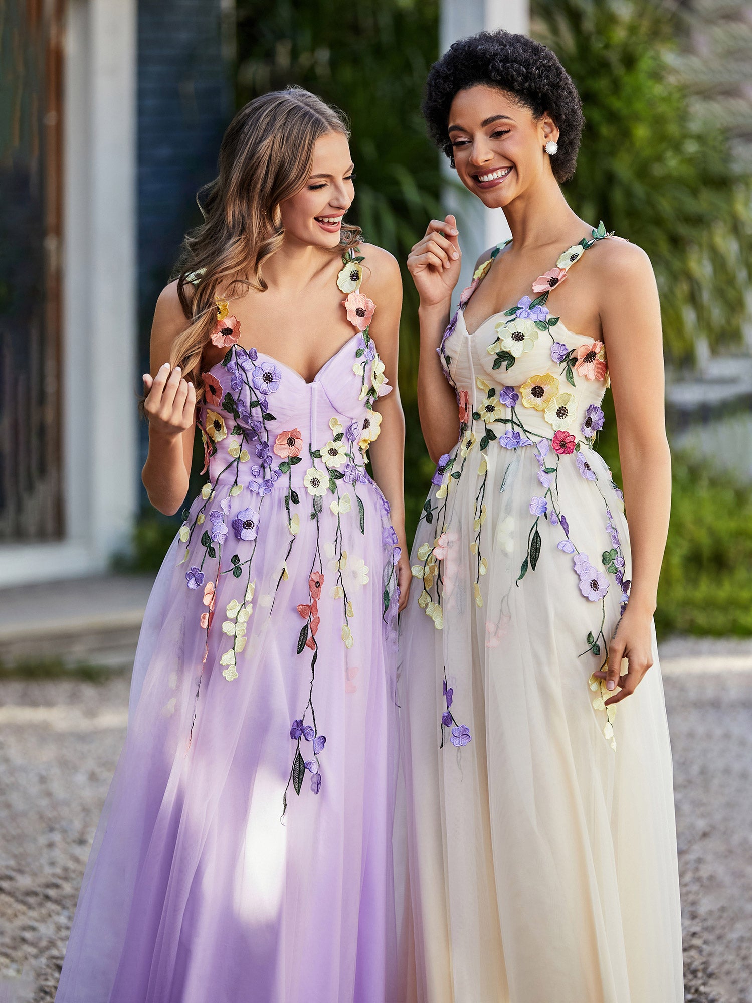 BABARONI BABARONI Tulle Daffodil Prom Dresses A-Line Sweetheart Spaghetti Straps Floral Ruched, Daffodil / US0