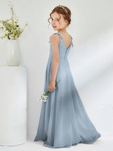 V-neck Ruched Floor-length Junior Bridesmaid Dresses Dusty Blue