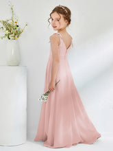 V-neck Ruched Floor-length Junior Bridesmaid Dresses Dusty Rose