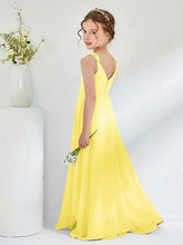 V-neck Ruched Floor-length Junior Bridesmaid Dresses Lemon