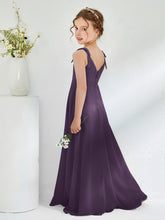 V-neck Ruched Floor-length Junior Bridesmaid Dresses Plum