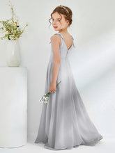V-neck Ruched Floor-length Junior Bridesmaid Dresses Silver
