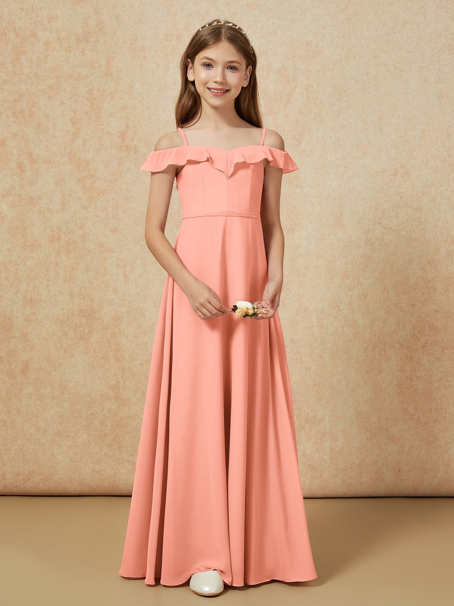 Off-the-shoulder Halter Chiffon Junior Bridesmaid Dress Papaya