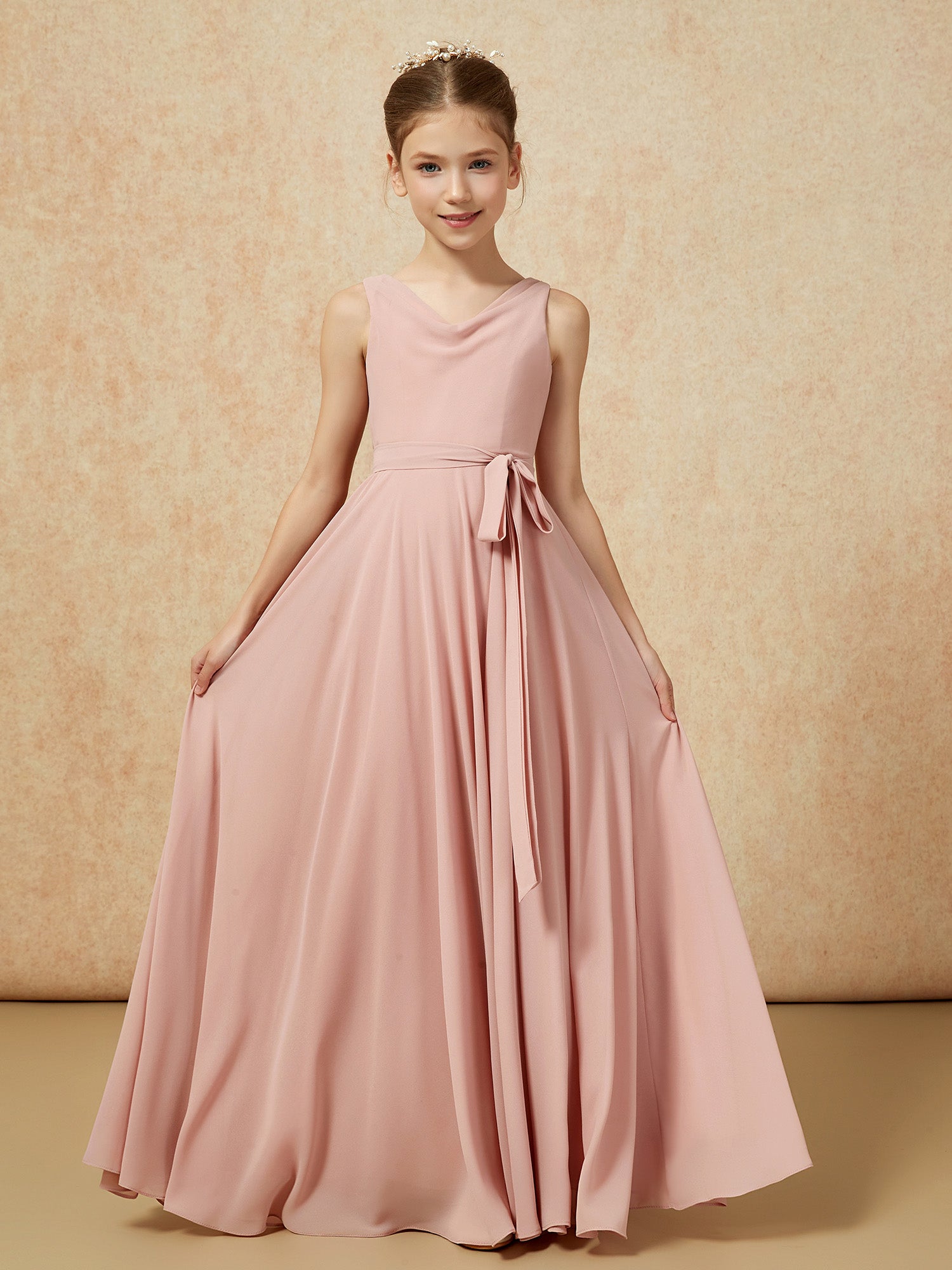 Lace Top Pleated Long Sleeveless Junior Bridesmaid Gown Dusty Rose main image 1