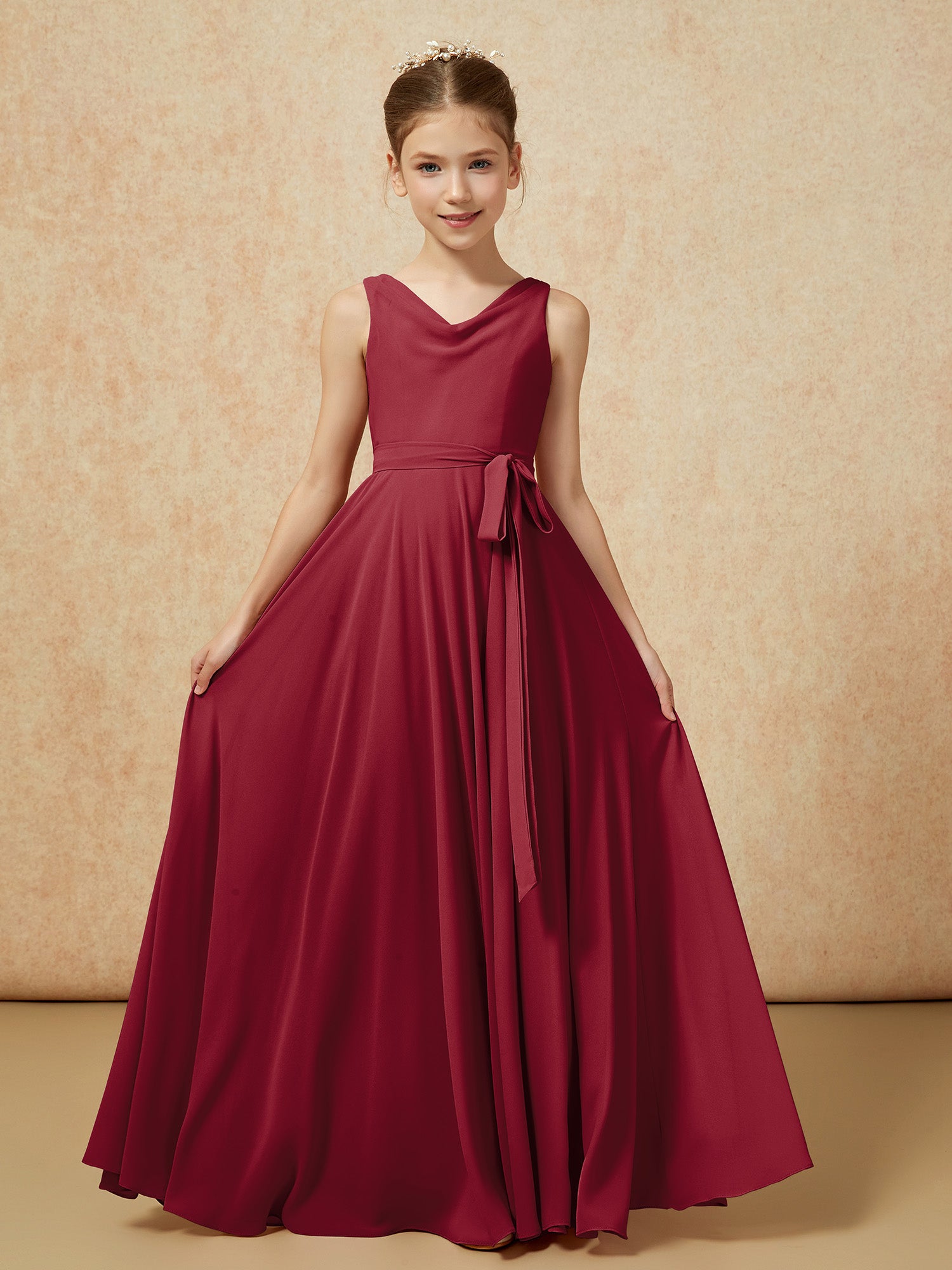 Lace Top Halter Neck Chiffon Long Junior Bridesmaid Dress Cabernet
