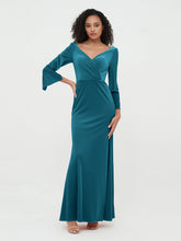 V neck Mermaid Velvet Max Dresses with Sleeves Ink Blue
