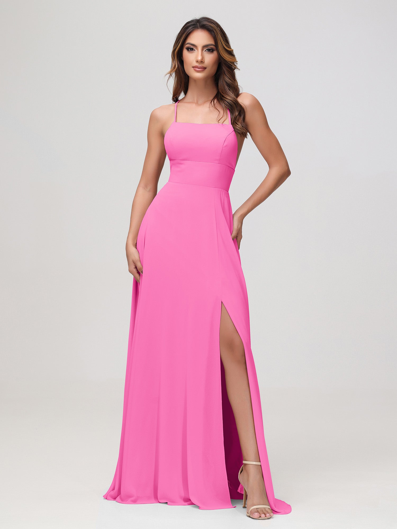 A-Line Square Chiffon Dress With Slit Dark Navy